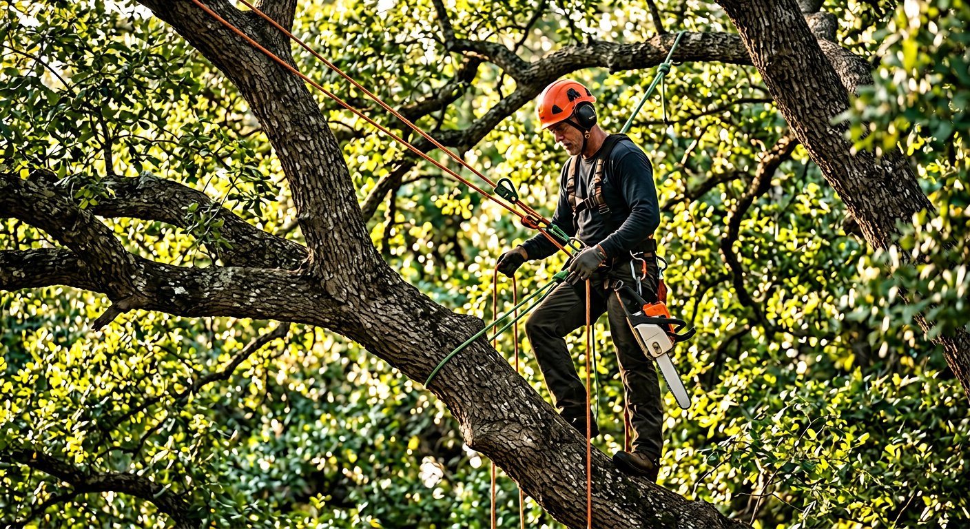 Climber working in a tree canopy with ropes and harness