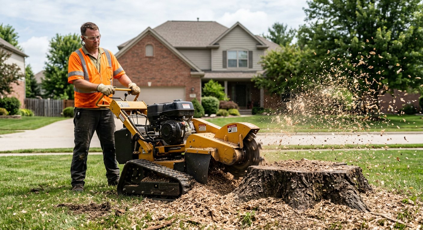 Stump grinding machine at work